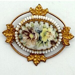 Miriam Haskell Floral Porcelain Brooch Gold Tone Beaded‎ Frame Signed